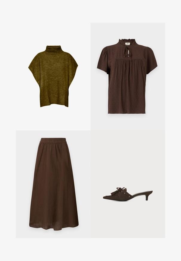 Oliven grøn poncho-sweater med høj hals, blød tekstur, løs pasform og brede ærmer, med ribbet krave detaljering.; Brun bluse med korte ærmer i tekstureret stof, rynket skulderstykke, flæset halsudskæring og bindelukning foran.; Brun ankel-lang nederdel med indsamlet elastik i taljen og let struktureret stof, vist fladt mod en hvid baggrund.; Brun ruskind mule-sko med spids tå, lav kittenhæl, snøring med sløjfe og kvastdetaljer på hvid baggrund.