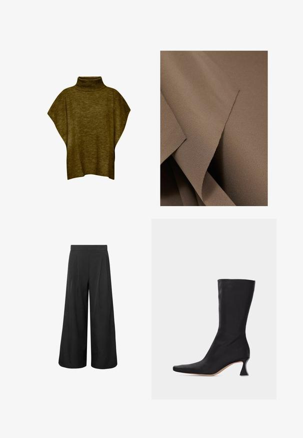 Oliven grøn poncho-sweater med høj hals, blød tekstur, løs pasform og brede ærmer, med ribbet krave detaljering.; Reiss REGULAR FIT - ONE SHOULDER DRAPED - Top - mink; Højtaljede sorte vidde bukser med korte ben, forrest med læg og en tilpasset talje, vist på hvid baggrund.; Sort læderstøvle, der går til midt på læggen, med spids tå og buet lav hæl, mod en ensartet lys baggrund.