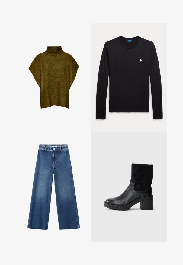 Oliven grøn poncho-sweater med høj hals, blød tekstur, løs pasform og brede ærmer, med ribbet krave detaljering.; Sort langærmet rundhalset skjorte med lille hvid Polo Ralph Lauren-logo på venstre bryst.; Blå denimjeans med vide ben og høj talje, med frontknaplukning, fem lommer og en glat tekstur.; Sort læder ankelstøvle med en ribbet sort strikket kant, kraftig høj hæl og tekstureret gummisål med "LOVE MOSCHINO" branding.