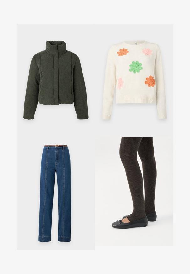 Donkergroene gewatteerde corduroyjas met hoge kraag en lange mouwen, vooraan met een ritsluiting verborgen achter een stoffen klep.; Crème sweater met vijf geborduurde bloemen in roze, oranje en groen. Ribbelboord aan de mouwen en onderkant. Zachte textuur met een ontspannen pasvorm.; Donkerblauwe denim jeans met een rechte pasvorm, hoge taille en een gevlochten bruine riem. Heeft contrasterende stiksels langs de zijnaad.; Benen met donkere geribbelde leggings gecombineerd met zwarte ballerina's met kleine strikdetails op een witte achtergrond.