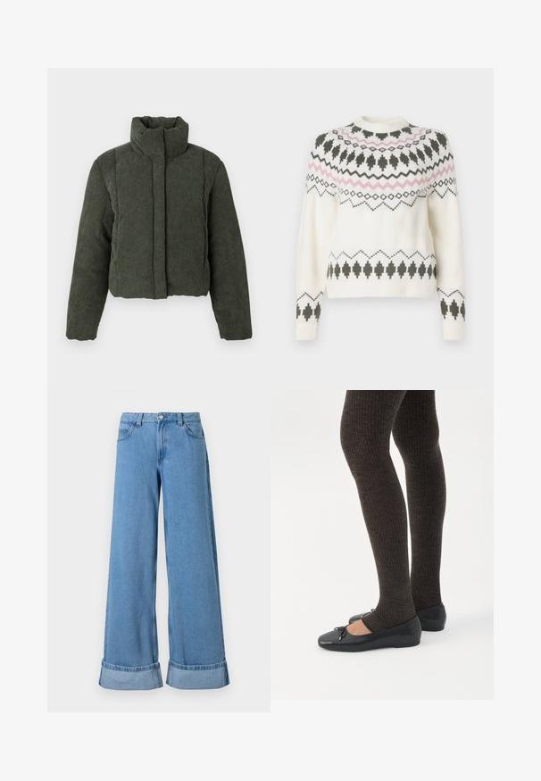 Veste en velours côtelé vert foncé rembourrée, avec col haut et manches longues, fermeture éclair devant dissimulée par un rabat en tissu.; Pull en tricot blanc avec des motifs géométriques noirs et roses sur la poitrine, les manches et l'ourlet, présentant un col rond et des poignets côtelés.; Jean en denim bleu clair à jambes larges avec une taille haute, des poignets roulés, un design à cinq poches et une fermeture à bouton avec un zip.; Jambes portant des leggings côtelés foncés associés à des ballerines noires avec de petits détails en nœud sur fond blanc.