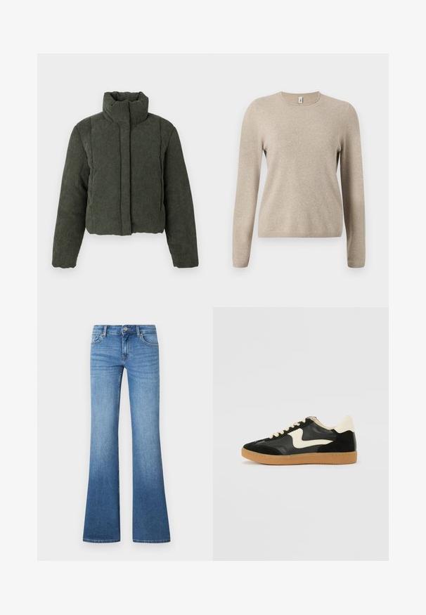 Veste en velours côtelé vert foncé rembourrée, avec col haut et manches longues, fermeture éclair devant dissimulée par un rabat en tissu.; Pull en tricot beige à manches longues, col rond et poignets côtelés. Texture douce avec un motif chiné subtil.; Jean flare bleu clair en denim. Comprend un design à cinq poches, une fermeture par bouton métallique et un léger délavage près des genoux.; Baskets en daim et cuir noir avec un swoosh latéral crème et un talon crème clair. Dotées de lacets beige et d'une semelle en caoutchouc gomme.