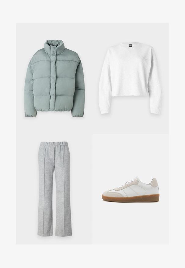 Lichtgroene pufferjack met een staande kraag, drukknoopsluitingen en horizontaal gequilt textuur. Zacht materiaal, iets oversized pasvorm.; Kort grijs sweatshirt van zacht materiaal; heeft een V-hals, lange mouwen en een klein geborduurd logo op de linkerkant van de borst.; Grijze, wijde broek van textuurstof; beschikt over een elastische tailleband en geplooide voordetails. Schoon, minimalistisch ontwerp.; Witte leren sneakers met beige suède accenten, een gestructureerde tong en een rubberen zool. Voorzien van witte veters en subtiele gestikte details.