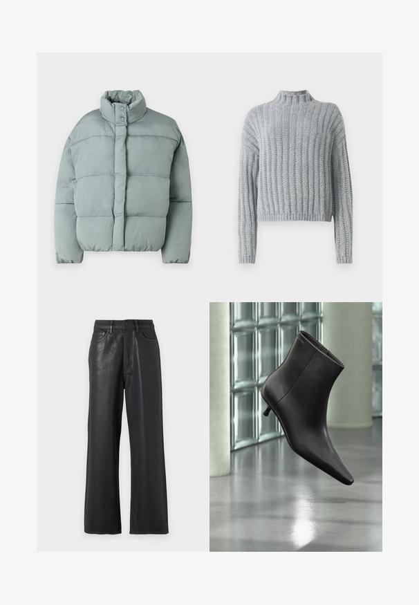 Lys grøn dunjakke med stående krave, trykknaplukninger og horisontalt quiltet tekstur. Blødt stof, lidt oversized pasform.; Lys grå chunky strikket sweater med ribbet mønster, høj hals, lange ærmer og en lidt cropped pasform.; Sorte vide benbukser lavet af et blankt materiale. Har en knaplukning, bæltestropper og forlommer med en glat tekstur.; Sort læderankelstøvle med spids tå og lille hæl vist mod en væg af glasblokke og poleret gulv baggrund.