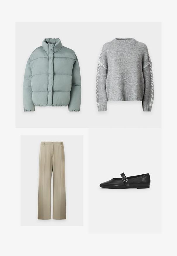 Lichtgroene pufferjack met een staande kraag, drukknoopsluitingen en horizontaal gequilt textuur. Zacht materiaal, iets oversized pasvorm.; JDY Knitted JDYZOEY Knitted - Trui - light grey melange; Wijde broek met een zachte beige stof, voorzien van een flatte voorkant, riemlussen en een gladde textuur. Standaard tailleband zonder zichtbare patronen.; Zwarte leren platte schoen met een ronde neus, een enkele verstelbare gespsluiting en een gladde, glanzende textuur. Minimalistisch ontwerp met een lage hak.