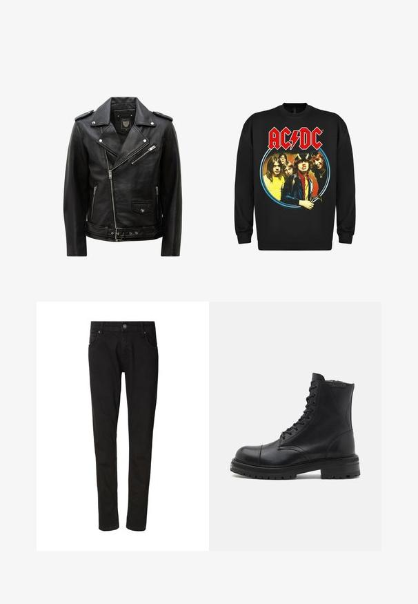 Veste de motard en cuir noir avec fermeture éclair diagonale à l'avant, poches zippées et à boutons-pression, épaulettes et ceinture ajustable à la taille.; rockshirts AC DC HIGHWAY TO HELL NORTH AMERICA TOUR 1979 - Sweatshirt - black; Jean en denim noir à coupe slim, avec une fermeture à bouton à l'avant, des passants de ceinture et quatre poches. Texture lisse avec des détails de couture minimaux.; AllSaints HANK - Bottines à lacets - black