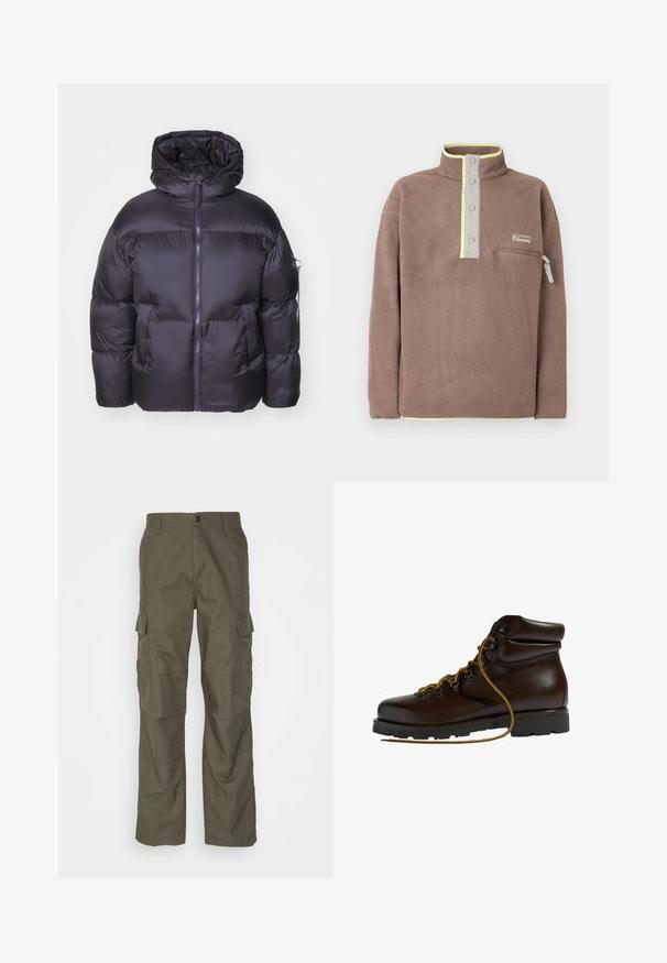 Alpha Industries Veste d'hiver - vintage grey; Pull polaire marron avec patte de boutonnage à pressions, poche poitrine zippée, et bordure jaune clair au col et à l'ourlet.; Pantalons cargo olive avec une coupe droite, fabriqués en tissu texturé. Présente de grandes poches latérales et une fermeture à bouton.; Bottine de randonnée en cuir marron avec un bout arrondi, surface texturée, lacets jaunes et œillets en métal. Dotée d'une semelle en caoutchouc noir robuste.