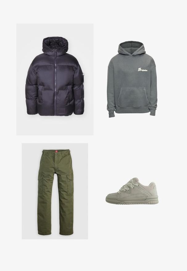 Alpha Industries Zimná bunda - vintage grey; Šedá mikina s kapucňou so zápästnými manžetami a lemom, predným klokanie vreckom a bielym logom "Dropsize" na ľavej strane hrudníka.; Olivové cargo nohavice vyrobené z odolného materiálu, s bočnými vreckami, zapínaním na gombík a rovnými nohavicami.; Nízkoprofilová sivá teniska s hrubými textúrovanými šnúrkami, polstrovaným golierom, šitými panelmi a ryhovanou gumovou podrážkou pre lepšiu trakciu.