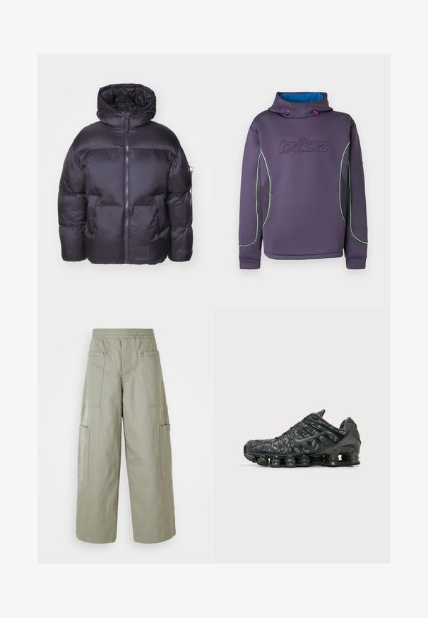 Alpha Industries Zimná bunda - vintage grey; Fialová fleecová mikina s kapucňou a vysokým golierom, zeleným lemovaním a modrou vnútornou podšívkou; obsahuje vyšité logo a elastické sťahovacie šnúrky.; Voľné olivovozelené cargo nohavice s elastickým pásom, viacerými vreckami a hladkou textúrou. Zúženie šírky na leme.; Čierna bežecká obuv Nike so segmentovaným odpružením podrážky a bielym škvrnitým vzorom na vrchnej látke, zobrazená z vonkajšej strany.