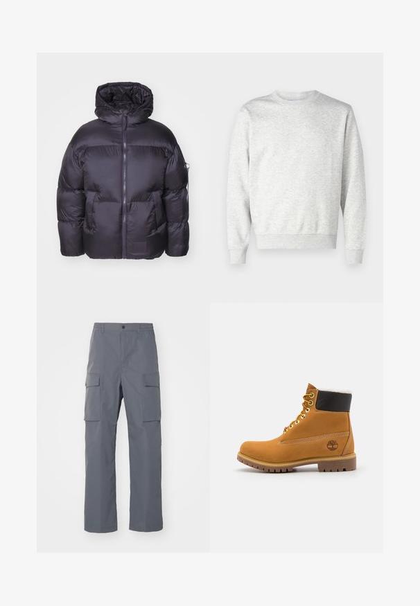 Alpha Industries Zimná bunda - vintage grey; Sivý mikina vyrobená z mäkkej textílie. Má okrúhly výstrih, dlhé rukávy, rebrované manžety a rebrovaný lem. Jednoduchý, bez ozdôb dizajn.; Šedé cargo nohavice vyrobené z odolnej tkaniny. Medzi vlastnosti patrí elastický pás, dve veľké bočné vrecká a strih s rovnými nohavicami.; Hnedé kožené ankle boot s kovovými očkami, bielym kožúškom vo vnútri, čiernym vypolstrovaným golierom, robustnou podrážkou a vyrazeným logom na boku.