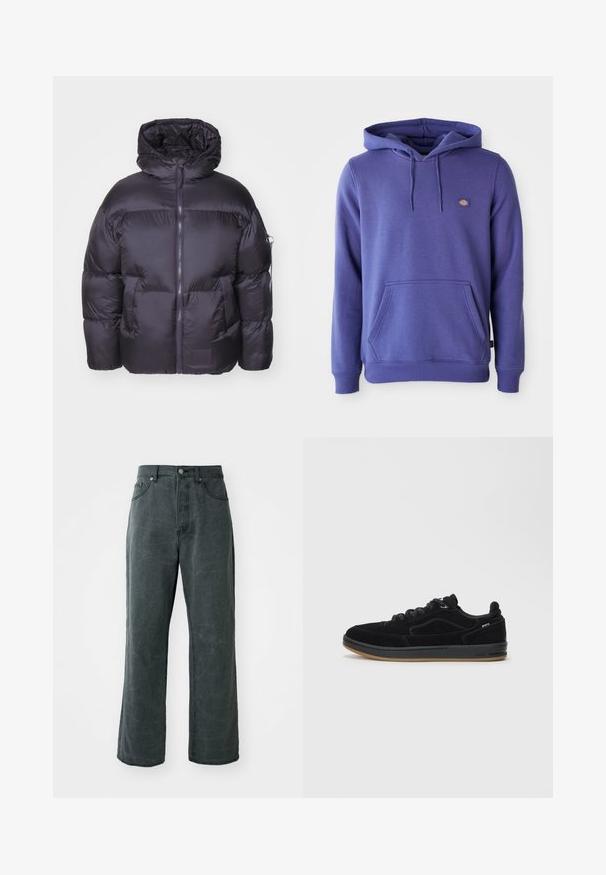 Alpha Industries Vinterjakker - vintage grey; Lilla hættebluse lavet af blødt stof med en kengurulomme, snore i kraven og et lille logo på øverste venstre side.; Bredde ben mørkegrå jeans lavet af denim, med høj talje, fem-lomme design og en subtil distressed tekstur.; Sorte ruskinds-sneakers med en glat gummisål, der har et lavt design, runde snørebånd og subtile syningsdetaljer.
