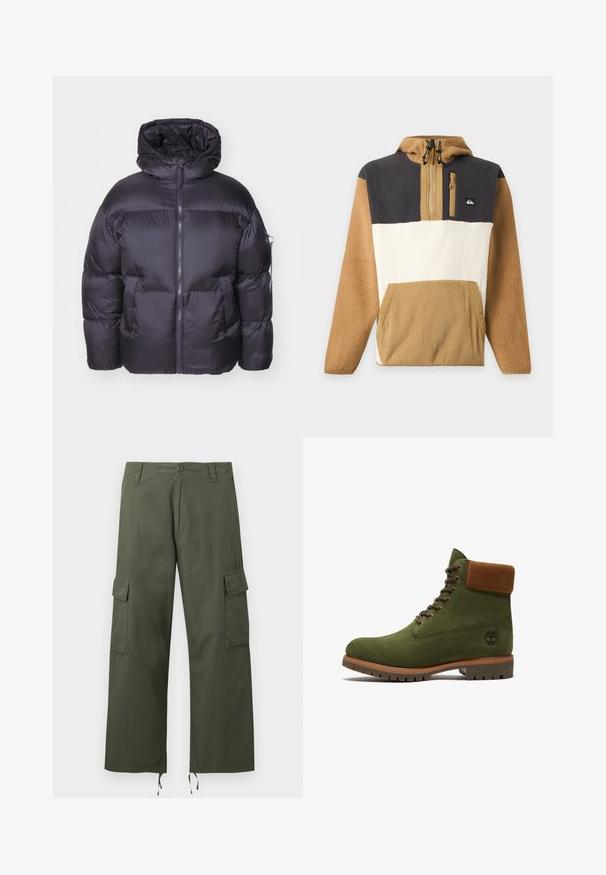 Alpha Industries Vinterjakker - vintage grey; Fleece-pullover med beige ærmer, cremefarvet midte, mørkegrå top, halvlange lynlås foran, brystlomme og kængurulomme ved taljen.; Olivengrønne cargobukser med sidelommer med klap, knaplukning, bæltestropper og justerbare snore i de brede bukseben.; Grøn ruskindsstøvle med snørebånd, brun polstret krave, robust sål og Timberland-logo på siden.
