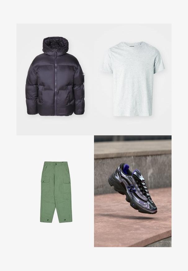 Alpha Industries Vinterjakker - vintage grey; Lys grå, kortærmet t-shirt lavet af blødt stof, med en rund hals og en let afslappet pasform. Ingen synlige mønstre eller grafik.; Grøn cargo-bukser med afslappet pasform, to store sidelommer og justerbare ankelmanchetter. Fremstillet af tekstureret bomuldsstof.; Sort og lilla New Balance 1000 sneaker i luften over en betonoverflade med en sløret stenvæg i baggrunden.