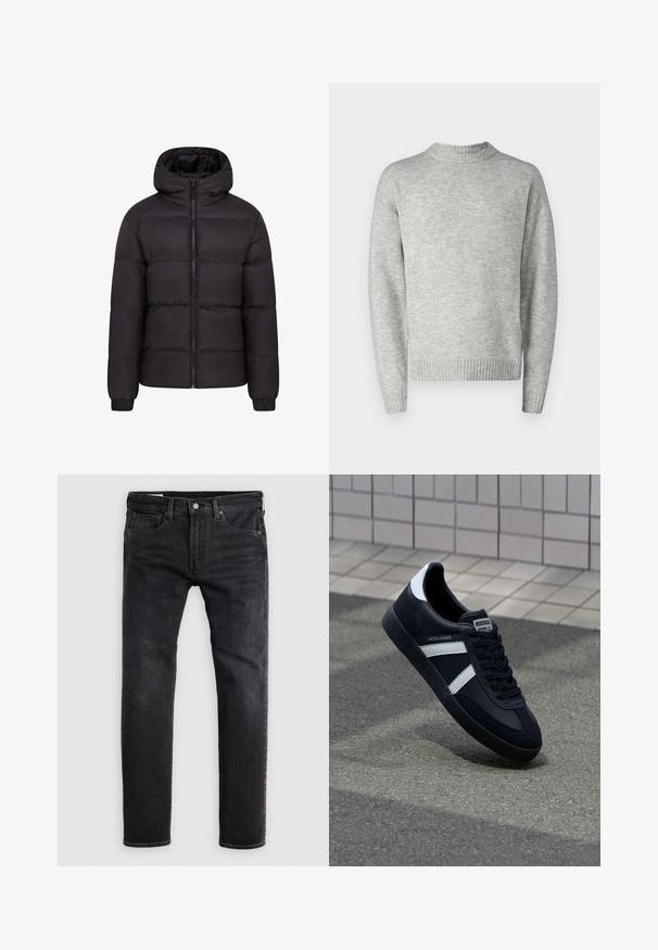 Mustern jacket mustaga kapuutsiga, pehme voodriga, täispikk eeslikk, ja elastsete mansettidega. Sile, läikiv välimus minimaalse riistvara kasutamisega.; Heledad hall hallide sweater, kootud tekstuur, ümmargune kaelus, pikad varrukad, ribakujuline äär ja mansetid, lõdva lõikega, minimalismige disain.; Mustad teksapüksid sirge lõikega, viie taskuga, nupulukuga ja nähtava õmblusega õmbluste äärites.; Must have musta sneaker musta valgete triipudega, tekstuurne kummitald ja nööridega esiosa. Omab bränditud märki keele peal.