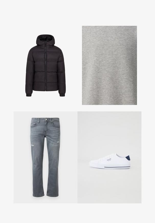 Schwarze Pufferjacke mit Kapuze, gestepptem Design, durchgehendem Reißverschluss und elastischen Bündchen. Glatte, glänzende Oberfläche mit minimalem Zubehör.; Helles graues T-Shirt aus weichem, strukturiertem Stoff mit einem subtilen Melange-Muster. Lässiges Design mit kurzen Ärmeln und rundem Halsausschnitt.; Graue Denim-Jeans mit geradem Bein, leichtem Distressing an den Knien und klassischem Fünf-Taschen-Design. Knopfverschluss an der Taille.; Weiße Canvas-Sneaker mit navyblauem Fersenakzent, flacher Gummisohle, runder Zehenpartie und weißen Schnürsenkeln. Mit Logo an der Seite.
