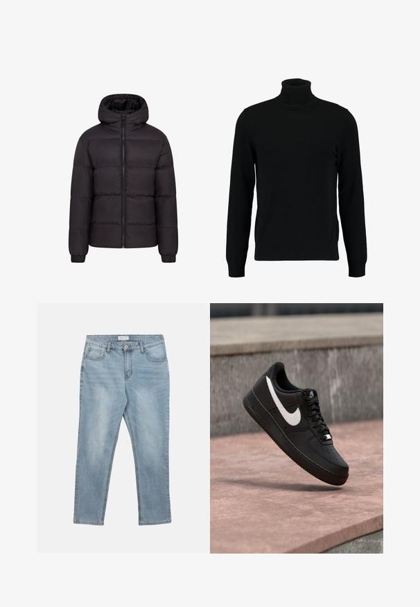 Mustern jacket mustaga kapuutsiga, pehme voodriga, täispikk eeslikk, ja elastsete mansettidega. Sile, läikiv välimus minimaalse riistvara kasutamisega.; Musta kõrge kaelusega kampsun, mis on valmistatud pehmest kudumist materjalist. Omab pikki varrukaid, soonikpitsiga kaela- ja alumist äärt. Lihtne ja sujuv disain ilma mustriteta.; Hele sinised teksapüksid, millel ees kinnitusnupp ja lukk, vööaugud ning viis taskut, laotatud valgele taustale.; Mustad Nike Air Force 1 tossud, millel on valge Swooshi logo, hõljuvad kivipinna kohal ja taustal on hall tekstuuriga sein.