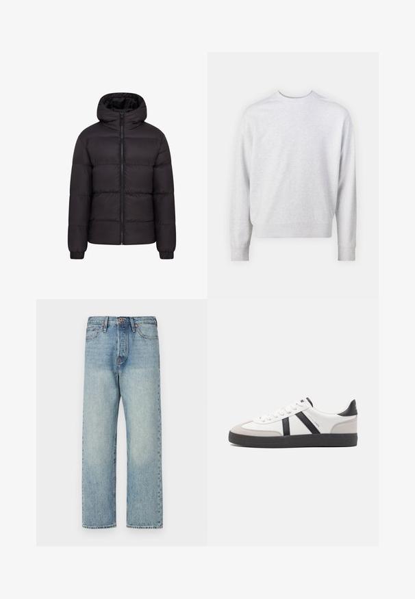 Mustern jacket mustaga kapuutsiga, pehme voodriga, täispikk eeslikk, ja elastsete mansettidega. Sile, läikiv välimus minimaalse riistvara kasutamisega.; Heled hall sweatshirt, millel ümar kaelus, pikad varrukad, soonikkoesed ja lõtva istuvusega. Valmistatud pehmest puuvillasegusest kangast.; Heledad sinine teksapüksid otse jala lõikega, viie tasku ja pronksist detailidega. Minimoodustunud pleekimine puhta viimistlusega.; Valged tossud mustade ja hallide aktsentidega, tekstureeritud halli varbakattega, musta kummitald ja lamedad valged paelad. Puhtad jooned, minimalistlik stiil.