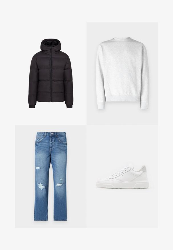 Schwarze Pufferjacke mit Kapuze, gestepptem Design, durchgehendem Reißverschluss und elastischen Bündchen. Glatte, glänzende Oberfläche mit minimalem Zubehör.; Helles graues Sweatshirt mit Rundhalsausschnitt aus weichem Fleece-Material, mit gerippten Bündchen und Saum, und einer glatten Textur.; Helle blaue Denim-Jeans mit regular Fit, die über beschädigte Stellen und fransige Kanten verfügen. Mit Knopfverschluss und Fünf-Taschen-Design.; Weiße Leder-Sneaker mit glatter Oberfläche, rundem Zehenbereich, flachen Schnürsenkeln und strukturiertem Schuhsohlen. Graues Wildleder-Detail an der Ferse.