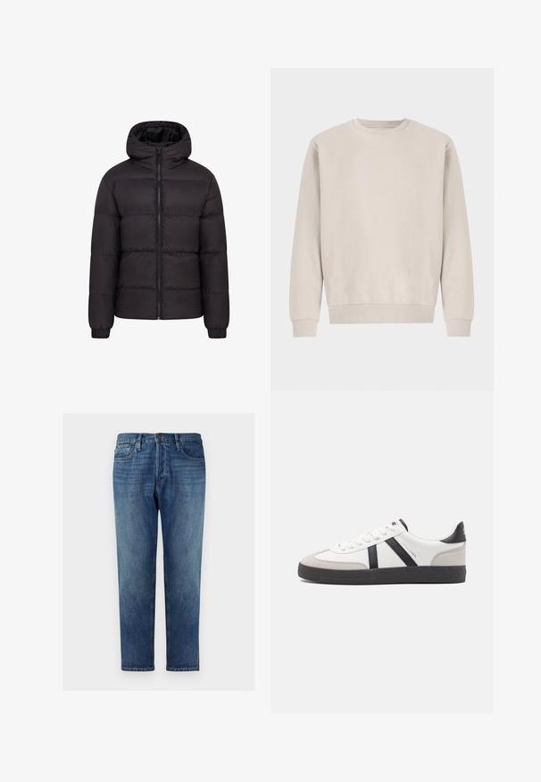 Sort puffjakke med hætte, quiltet design, lynlås foran og elastiske manchetter. Glat, blank overflade med minimal hardware.; Beige crewneck sweatshirt lavet af blødt bomuld, med en afslappet pasform, ribbede mansjetter og kant, uden synlige mønstre eller hardware.; Blå denim jeans med lige ben, femlommesdesign, knaplukning, bleg vask og diskrete stikninger langs sømmene.; Hvide sneakers med sorte og grå detaljer, med en tekstureret grå tåhætte, sort gummisål og flade hvide snørebånd. Rent design, minimalistisk stil.