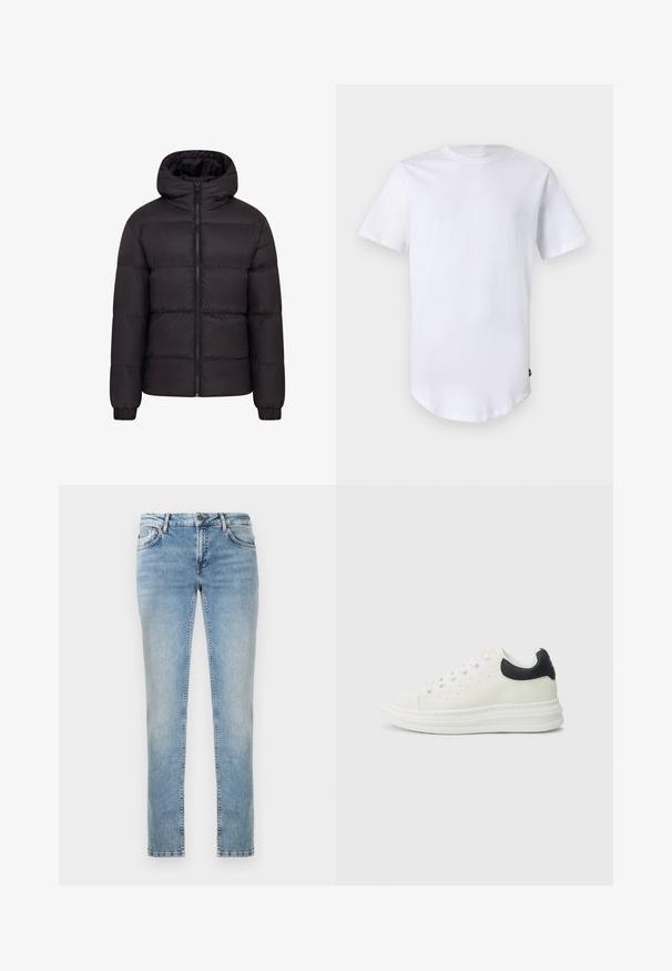 Schwarze Pufferjacke mit Kapuze, gestepptem Design, durchgehendem Reißverschluss und elastischen Bündchen. Glatte, glänzende Oberfläche mit minimalem Zubehör.; Weißes T-Shirt mit kurzen Ärmeln aus Baumwolle. Rundhalsausschnitt mit abgerundetem Saum. Etikett auf der unteren linken Seite sichtbar. Glatte Textur.; Hellblaue Jeans im geraden Schnitt mit einem ausgewaschenen Finish, vorderen Taschen und kontrastierenden Nähten. Saubere Kanten am Saum.; Weißer Ledersneaker mit schwarzem Fersenakzent, rundem Zehenbereich, flacher weißer Sohle und Schnürverschluss. Minimale Perforationen an den Seiten.