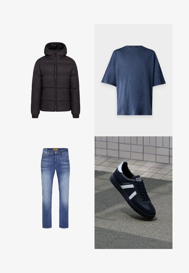 Mustern jacket mustaga kapuutsiga, pehme voodriga, täispikk eeslikk, ja elastsete mansettidega. Sile, läikiv välimus minimaalse riistvara kasutamisega.; Tumesinine lühikeste varrukatega T-särk, valmistatud pehmest kangast, omab klassikalist ümarat kaelust ja mugavat lõiget, ilma nähtavate mustrite või aktsentideta.; Sinine pleekinud slim-fit teksad, millel on ees nupp ja tõmblukk, viie taskuga stiil ning nähtav brändi silt vöökoosal.; Must have musta sneaker musta valgete triipudega, tekstuurne kummitald ja nööridega esiosa. Omab bränditud märki keele peal.