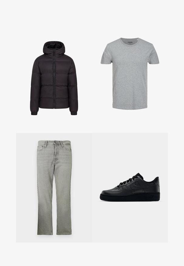 Chaqueta acolchada negra con capucha, diseño acolchado, cremallera frontal completa y puños elásticos. Exterior suave y brillante con hardware mínimo.; Camiseta gris de manga corta hecha de suave algodón. Presenta un cuello redondo clásico y un corte regular. Diseño sencillo sin patrones ni acentos.; Vaqueros de mezclilla gris claro con corte recto, que cuentan con un estilo de cinco bolsillos, cremallera frontal y una sutil textura descolorida.; Zapatilla Nike Air Force 1 negra con parte superior de cuero liso, puntera perforada para transpirabilidad, cordones negros y suela de goma texturizada.