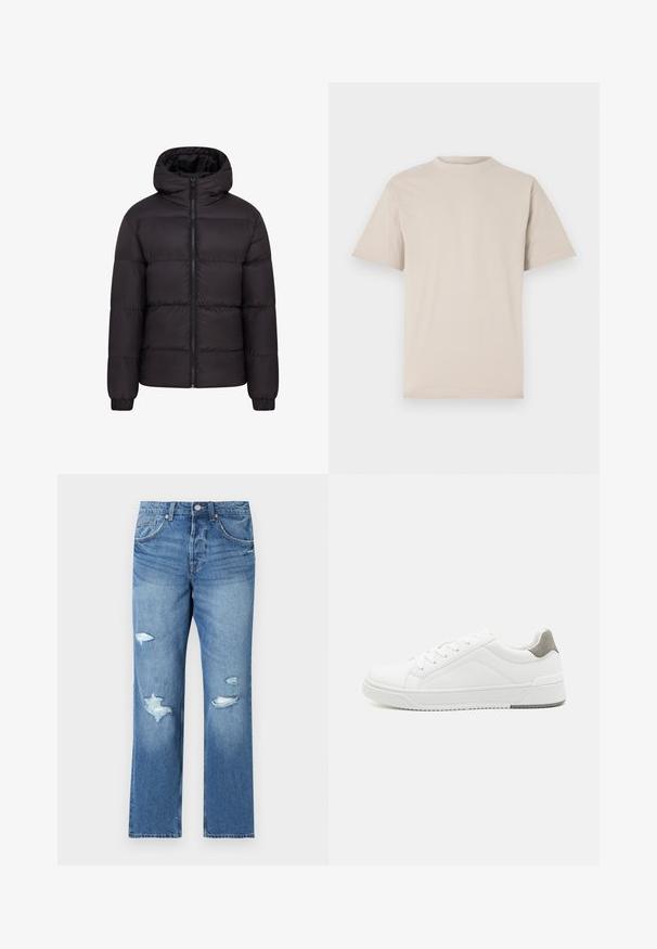 Mustern jacket mustaga kapuutsiga, pehme voodriga, täispikk eeslikk, ja elastsete mansettidega. Sile, läikiv välimus minimaalse riistvara kasutamisega.; Beež lühikeste varrukatega T-särk, ümar kaelus, valmistatud siledast puuvillakangast, relaxed fit, ilma nähtavate mustrite ja kaunistusteta.; Heledad sinine teksapüksid regulaarse lõikega, millel on kulumise jäljed ja rebenenud ääred. Nööpkinnitus ja viie tasku disain.; Valge tenniseking sileda nahaga, ümar varvas, minimalistlik disain, hall kand, ja tekstureeritud kummist tald.