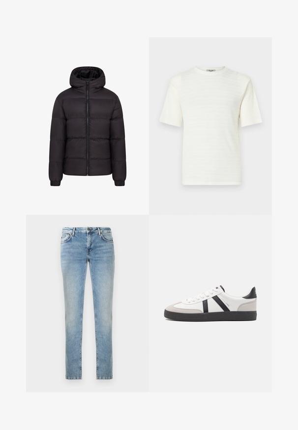 Mustern jacket mustaga kapuutsiga, pehme voodriga, täispikk eeslikk, ja elastsete mansettidega. Sile, läikiv välimus minimaalse riistvara kasutamisega.; Valge lühikeste varrukatega T-särk, mis on valmistatud tekstureeritud kangast kerge horisontaalse mustriga. Ümmargune kaelus ja mugav lõige.; Heled sinise denimi sirgete jalgadega teksad, millel on kulunud viimistlus, ees taskud ja kontrastne õmblus. Puhtad servad alus.; Valged tossud mustade ja hallide aktsentidega, tekstureeritud halli varbakattega, musta kummitald ja lamedad valged paelad. Puhtad jooned, minimalistlik stiil.