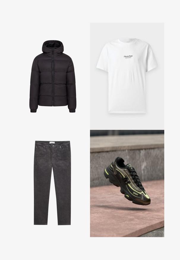 Mustern jacket mustaga kapuutsiga, pehme voodriga, täispikk eeslikk, ja elastsete mansettidega. Sile, läikiv välimus minimaalse riistvara kasutamisega.; Valge puuvillane T-särk lühikeste varrukatega, mille esiküljel on musta skripti kirjas tekst "Palmiera Pantó" ja "VENICE BEACH".; Tumes hallid kanepüksi, millel on märgatav tekstuur, viis taskut, luku lend ja metallist aksessuaarid. Sirge jalgadega disain.; Must ja kollane New Balance 1000 toss ripub roosa kivipinna kohal, taustal hall kivimüür.