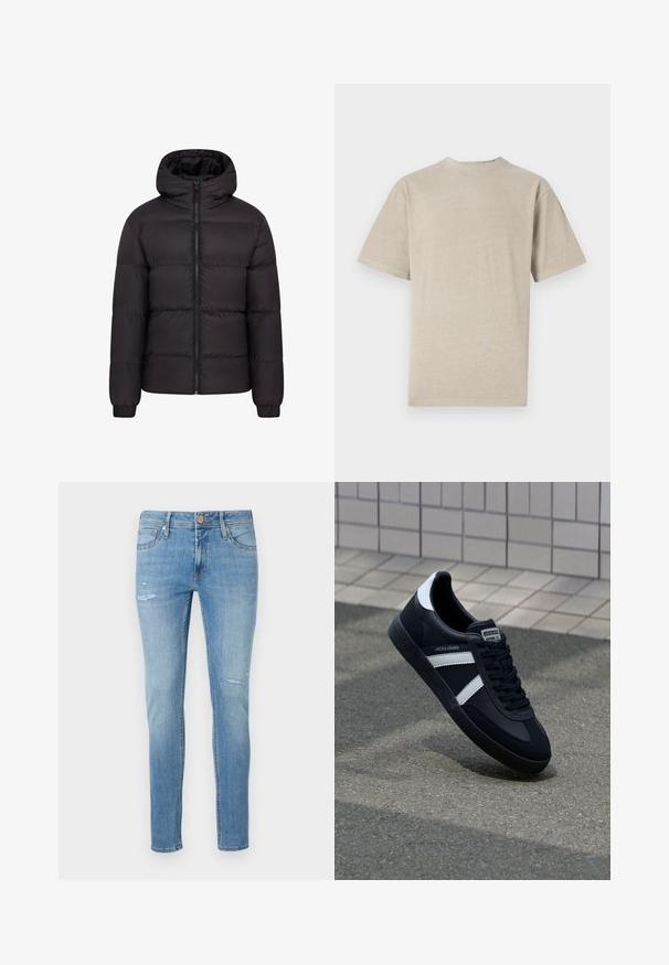 Sort puffjakke med hætte, quiltet design, lynlås foran og elastiske manchetter. Glat, blank overflade med minimal hardware.; Kortærmet T-shirt i lys beige med rund hals, lavet af blødt stof, med en glat tekstur og et enkelt design uden grafik.; Lys blå denimjeans med en slim fit, der har mindre slidte detaljer og en fem-pocket design, afsluttet med en standard knaplukning.; Sort lædersneaker med hvide striber, tekstureret gummisål og snørrebånd foran. Har et brandet mærke på tungen.