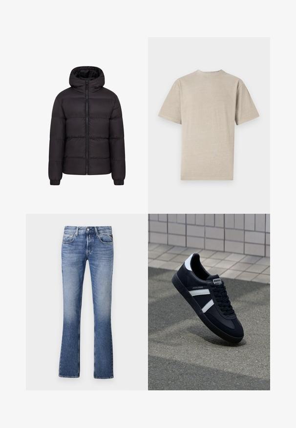 Mustern jacket mustaga kapuutsiga, pehme voodriga, täispikk eeslikk, ja elastsete mansettidega. Sile, läikiv välimus minimaalse riistvara kasutamisega.; Lühikeste varrukatega helebeež T-särk, millel on ümmargune kaelus, valmistatud pehmest kangast. Särk on sileda tekstuuriga ja lihtsa disainiga, ilma graafikata.; Heledsinine teksapüksid, millel on laienev jalgade kujundus, viis taskut, esine nööbid ja kerge kulumine kogu ulatuses.; Must have musta sneaker musta valgete triipudega, tekstuurne kummitald ja nööridega esiosa. Omab bränditud märki keele peal.