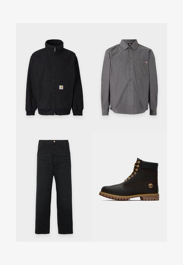 Veste noire zippée avec col montant, poignets et ourlet côtelés, dotée d'une poche avant et d'un petit patch logo sur le côté gauche.; Chemise grise à boutons, avec de fines rayures blanches, manches longues, un poche poitrine et un col classique. Fabriqué en tissu durable.; Pantalon en denim noir avec une coupe droite, doté d'une fermeture à boutons à l'avant, de deux poches latérales et d'une texture subtile.; Bottine noire en cuir avec œillets dorés, accents marron et semelle en caoutchouc. Comprend un col rembourré et un logo estampé sur le côté.