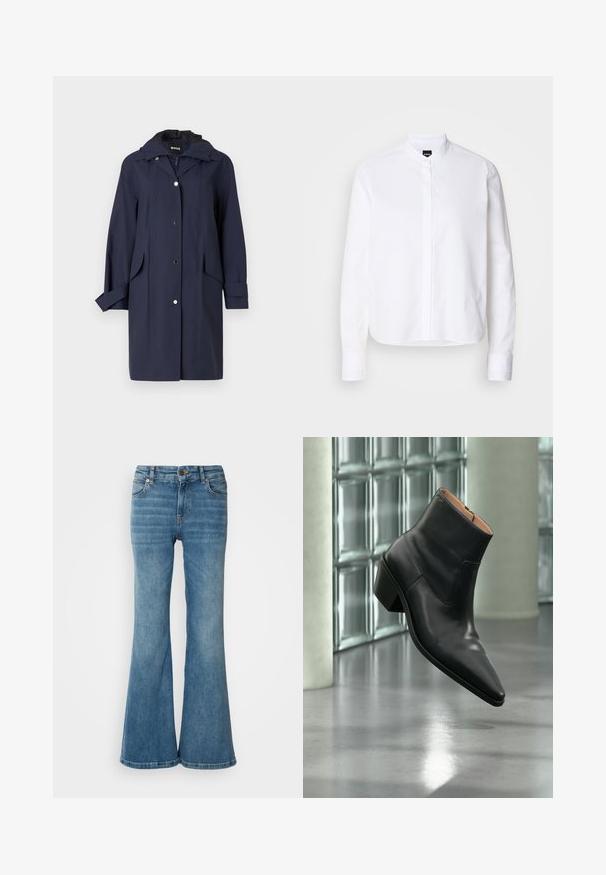 Námornícky dáždnik s kapucňou, zapínaním na gombíky, bočnými vreckami a hladkou textúrou. Vyznačuje sa elegantným a neformálnym dizajnom s nastaviteľnými manžetami.; Biela košeľa s golierom a predným zapínaním, dlhými rukávmi a manžetami na gombíky. Vyrobená z hladkej bavlnenej tkaniny so štruktúrovaným strihom.; Svetlo modré rozšírené džínsy z denimu, so piatimi vreckami, viditeľným šitím a zapínaním na gombík a zips v páse.; Čierna kožená členková obuv s ostrou špičkou a blokovým podpätkom vznášajúca sa nad odrazovou sivou podlahou pri stene zo sklenených blokov.