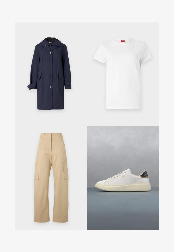 Marineblauer Regenmantel mit Kapuze, Knopfverschluss, Seitentaschen und glatter Textur. Verfügt über ein schlankes, lässiges Design mit verstellbaren Manschetten.; Weißes Kurzarm-T-Shirt aus leichtem Baumwollstoff. Hat einen runden Halsausschnitt und umgeschlagene Ärmel. Rotes Logo-Tag am Kragen.; Beige Cargo-Shorts aus Baumwolle, mit hoher Taille, weitem Bein, zwei Seitentaschen und zwei großen Cargo-Taschen auf den Oberschenkeln.; Weiße Sneaker mit einem Obermaterial aus glattem Leder, ausgestattet mit einer tanfarbenen und schwarzen Lederfersenkappe, runden Schnürsenkeln und einer massiven beige Gummisohle. Goldene Logo-Details.