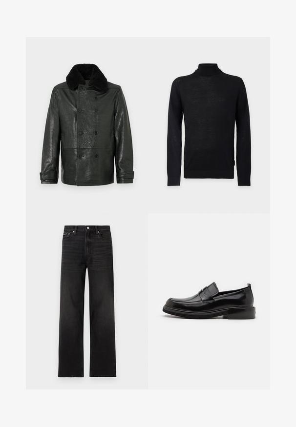 Veste en cuir noire croisée avec une finition texturée et un col en fourrure noire douce. Comprend des poches latérales et des fermetures à boutons.; Pull noir à manches longues col roulé avec une silhouette ajustée présenté sur un fond gris clair.; Jean noir droit avec cinq poches, passants pour ceinture et fermeture par bouton, présenté sur un fond blanc.; Calvin Klein MOCCASIN - Mocassins de ville - black