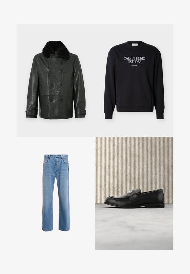 Veste en cuir noire croisée avec une finition texturée et un col en fourrure noire douce. Comprend des poches latérales et des fermetures à boutons.; Sweat-shirt à col rond noir avec texte blanc "CALVIN KLEIN EST. 1968" et plus petit "Calvin Klein" brodé sur la poitrine.; Jeans en denim bleu clair avec une coupe droite, cinq poches, fermeture à bouton, peu d'usure et des détails de couture contrastés.; Mocassin en cuir noir avec une plaque de marque en métal reposant près d'une table ronde marron sur un sol recouvert de moquette beige.
