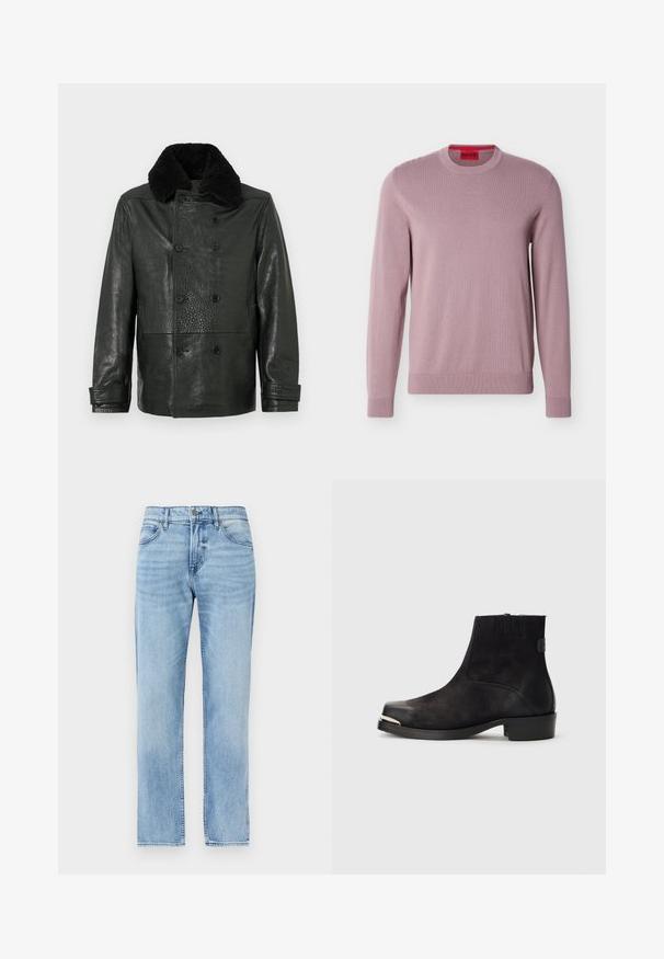 Veste en cuir noire croisée avec une finition texturée et un col en fourrure noire douce. Comprend des poches latérales et des fermetures à boutons.; Pull lavande à manches longues et col rond, avec poignets et ourlet côtelés, arborant le logo "HUGO" embossé sur la poitrine et une étiquette de marque rouge à l'intérieur du col.; Jean denim bleu clair droit avec poches avant, passants pour ceinture, bouton et fermeture éclair.; Bottine noire en matériaux en daim et cuir, à bout rond, petit talon, accent métallique argenté sur le bout et panneaux latéraux élastiques.