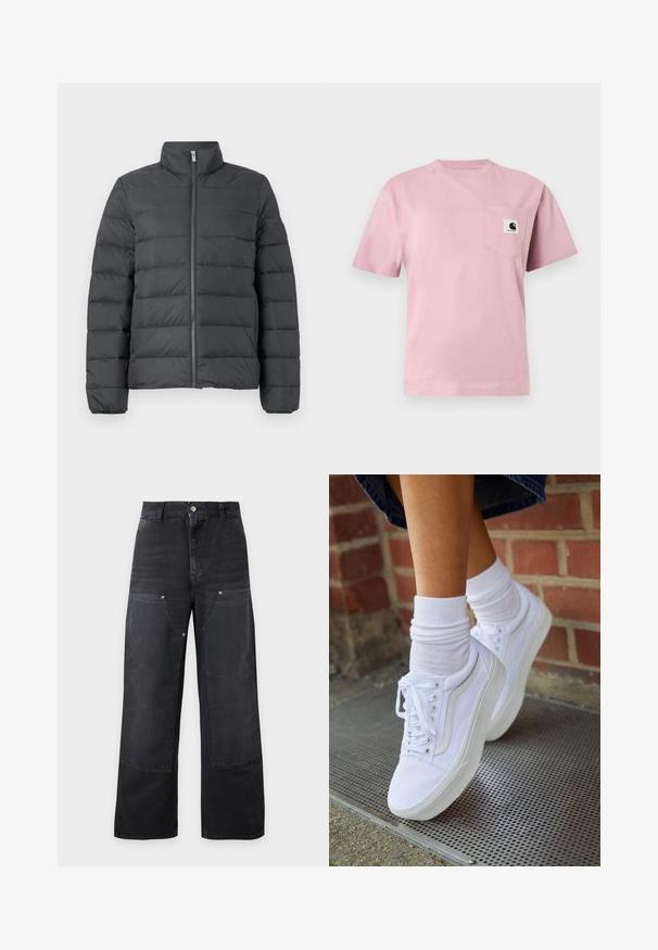 Chaqueta acolchada en gris oscuro, con un alto cuello, cierre completo frontal y diseño de costura horizontal para mayor aislamiento y textura.; Camiseta de manga corta de color rosa claro con un bolsillo en el pecho izquierdo que lleva un pequeño parche con el logo de Carhartt.; Pantalones negros de corte holgado con grandes parches frontales reforzados, trabillas para cinturón, cierre de botones y bolsillos laterales sobre un fondo liso y claro.; Zapatillas de lona blancas con suelas de goma, que presentan seis ojales, puntera redonda y detalles de costura ligera, combinadas con calcetines blancos hasta el tobillo.