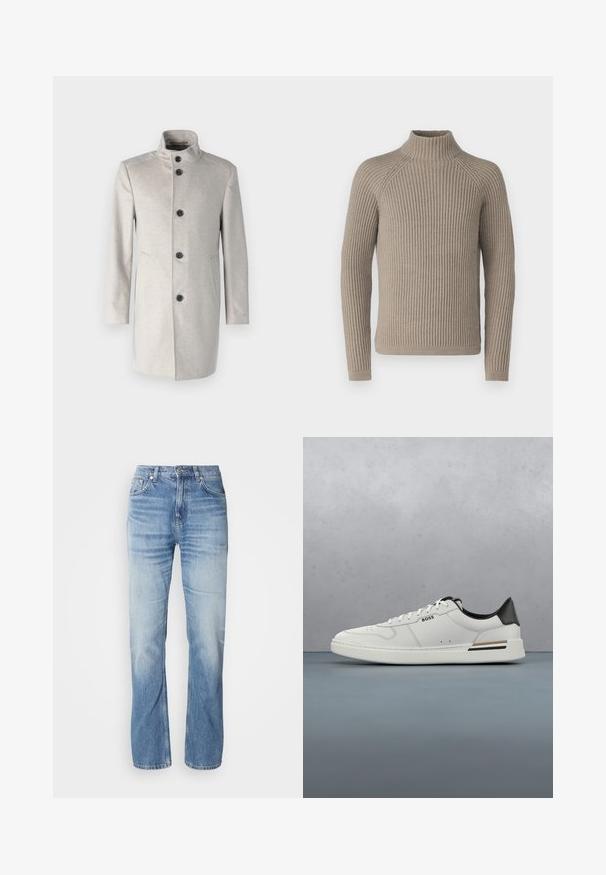 Lys grå frakke med høj krave, prydet med fem sorte knapper, sidelommer og en lige skæring i et blødt stof.; Beige ribbet turtleneck sweater med lange ærmer, som har en tætsiddende silhuet og struktureret strikkemønster. Lavet af et blødt materiale.; Lyseblå denimjeans med lige ben, slidt finish, fem lommer og knaplukning. Klassisk design og medium tykkelse.; Hvide lavtoppede sneakers med sort hæl, snørebånds lukning, subtile perforeringer og "BOSS" logo på siden, vist fra ydersiden i profil.