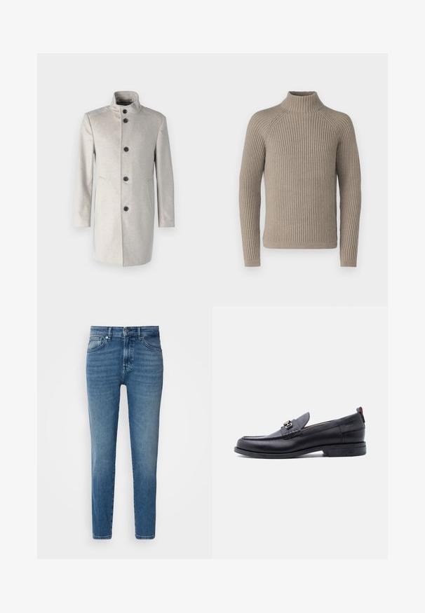 Lys grå frakke med høj krave, prydet med fem sorte knapper, sidelommer og en lige skæring i et blødt stof.; Beige ribbet turtleneck sweater med lange ærmer, som har en tætsiddende silhuet og struktureret strikkemønster. Lavet af et blødt materiale.; Lysblå denimjeans med lige pasform, traditionelt fem-lomme-design, metalknaplukning og diskret slid på fronten.; Sort lædermokasin med grå tekstureret forfod, sølvfarvet metalspænde, lav hæl og trækflap bagpå.