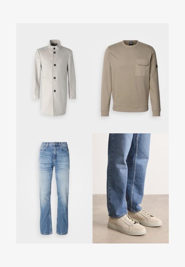 Manteau gris clair avec un col haut, comportant cinq boutons noirs, des poches latérales et une coupe droite dans un tissu doux.; Sweatshirt en coton beige avec des manches longues, col rond, bords côtelés aux poignets et à l'ourlet, et une poche plaquée à l'avant sur le côté gauche de la poitrine.; Jean en denim bleu clair avec une coupe droite, finition délavée, cinq poches et une fermeture à bouton. Design classique et épaisseur moyenne.; BOSS GARYTENN_SDHDEL - Baskets basses - natural ten