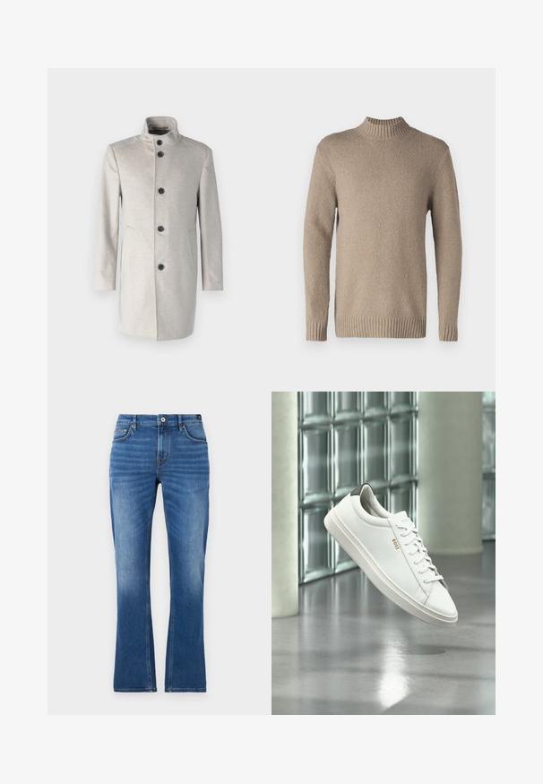 Manteau gris clair avec un col haut, comportant cinq boutons noirs, des poches latérales et une coupe droite dans un tissu doux.; Pull en tricot beige avec une surface texturée, un col et des bretelles côtelés. Doté de manches longues et d'un ourlet droit pour un design classique.; Jeans en denim évasés de couleur bleu moyen. Comprend un design à cinq poches, des accents brodés, une fermeture à bouton et une texture légèrement décolorée sur les jambes.; Baskets basses en cuir blanc avec lacets, languette de talon noire et logo « BOSS », flottant à l'intérieur près d'un mur en blocs de verre et d'un sol poli.