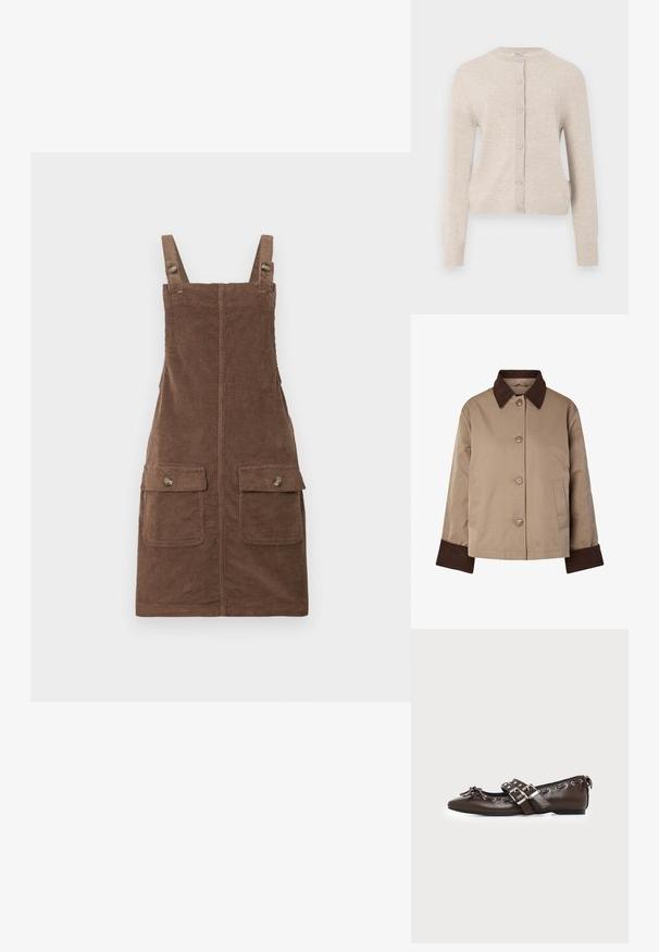 Beige jakke med mørkebrun krave og manchetter, knapper foran og to sidelommer, vist på hvid baggrund.; ONLY ONLCAMILLE BASIC CARDIGAN - Cardigan - pumice stone; Brun fløjl overallkjole med justerbare stropper, to forlommer og en centralseam. Struktureret stof med et blødt udseende.; Mørkebrune lædersko med flad sål og spids snude, dobbelt sølvsnørrebånd, metaløjer og dekorativ sløjfe foran.