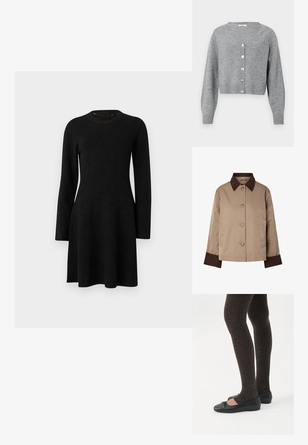 Beige jas met donkerbruine kraag en manchetten, knopen aan de voorkant en twee zijzakken, afgebeeld op een witte achtergrond.; Lichtgrijze, cropped cardigan met lange mouwen en V-hals, geribbelde manchetten en zoom, en zes parelachtige knopen aan de voorkant.; Zwarte lange mouw jurk gemaakt van zachte stof. Heeft een ronde hals, aansluitend lijfje en uitlopende rok, met een gladde textuur. Geen patronen of accenten.; Benen met donkere geribbelde leggings gecombineerd met zwarte ballerina's met kleine strikdetails op een witte achtergrond.