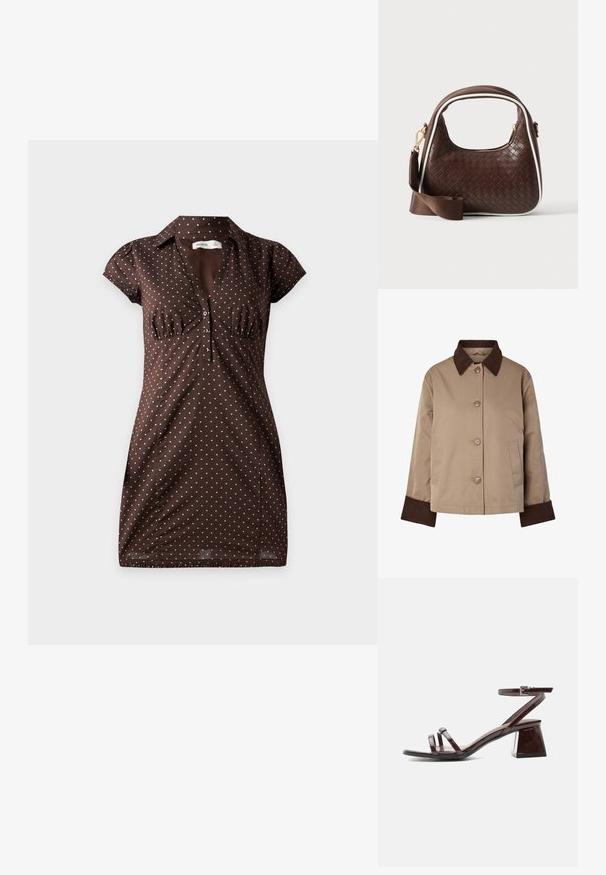 Beige Jacke mit dunkelbraunem Kragen und Manschetten, Vorderknöpfen und zwei Seitentaschen, auf weißem Hintergrund dargestellt.; Braunes Kleid mit kurzen Ärmeln, weißen Punkten, Kragen und drei Knöpfen auf der Brust.; Dunkelbraune Sandale aus Lackleder mit Blockabsatz, Knöchelriemen mit Schnalle und zwei dünnen Riemen über den Zehen auf weißem Hintergrund.; Braune gewebte Lederhandtasche mit weißer Paspel, goldenem Reißverschluss und abnehmbarem braunem Stoff-Schulterriemen.