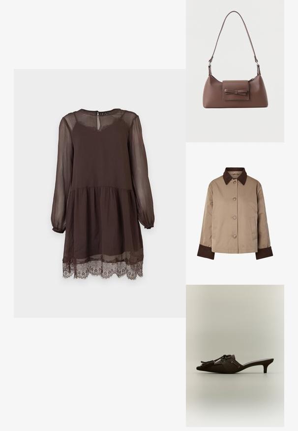 Beige jas met donkerbruine kraag en manchetten, knopen aan de voorkant en twee zijzakken, afgebeeld op een witte achtergrond.; Donkerbruine jurk met lange mouwen van doorschijnende stof, ingenaaide taille, sluiting bij de sleutelgat-halslijn en kanten afwerking aan de zoom.; Bruine mule met spitse neus, lage kittenhak en decoratieve kwast en veterdetail op het bovenwerk.; Bruine leren schoudertas met een voorvak met klep en een gestikte strikdetail en een verstelbare band.