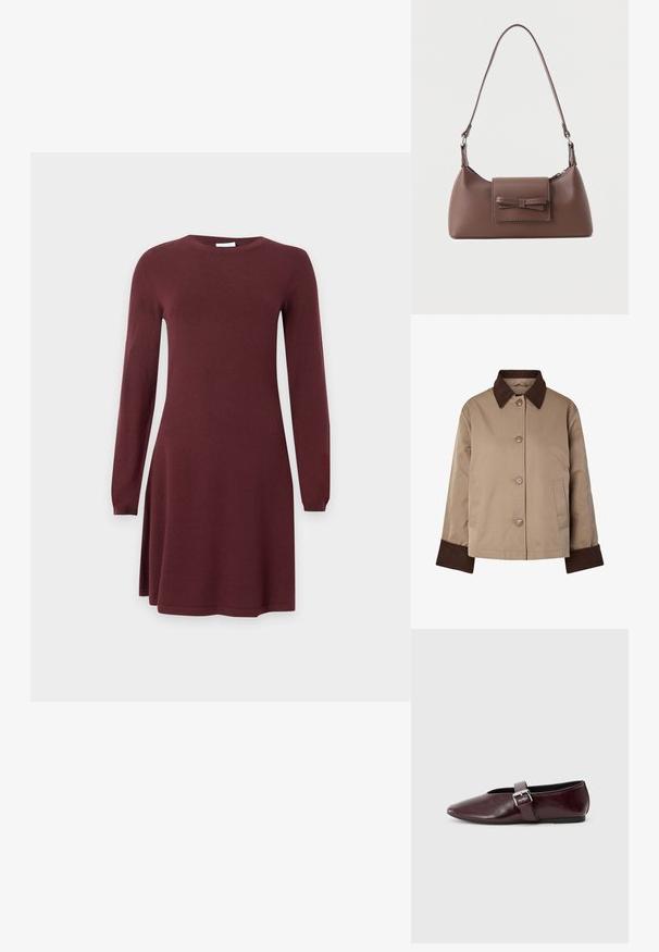 Beige Jacke mit dunkelbraunem Kragen und Manschetten, Vorderknöpfen und zwei Seitentaschen, auf weißem Hintergrund dargestellt.; Langärmliges, kastanienbraunes Strickkleid mit Rundhalsausschnitt und A-Linien-Rock auf schlichtem hellgrauem Hintergrund.; Burgunderfarbene Leder-Ballettschuhe mit spitzem Schuhkopf, flacher Sohle und einem dekorativen Schnallenriemen quer über dem Spann. Glatte, glänzende Textur.; Braune Leder-Umhängetasche mit einer vorderen Klappentasche, die ein gestepptes Schleifendetail und einen verstellbaren Riemen aufweist.