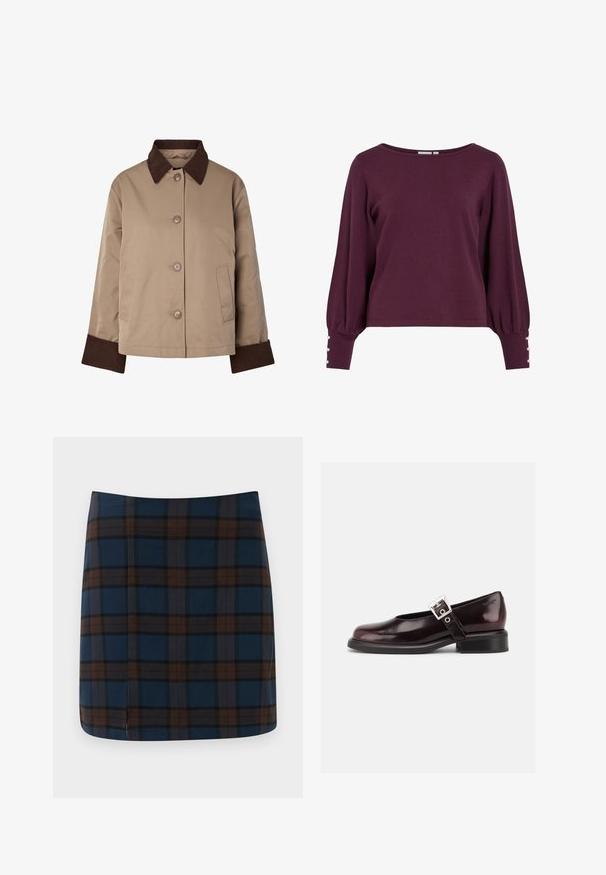 Veste beige avec col et poignets marron foncé, boutons à l'avant et deux poches latérales, présentée sur fond blanc.; Pull en tricot bordeaux avec un large décolleté, de longues manches ballon et des boutons en accent aux poignets. Texture douce et coupe décontractée.; Jupe mini en tartan bleu marine avec des lignes marron et grises, fabriquée dans un tissu lisse, avec une fente discrète au dos pour plus de liberté de mouvement.; Chaussure Mary Jane unique brillante couleur bordeaux foncé avec une large bride et une boucle argentée, talon bloc bas et bout arrondi sur fond blanc.