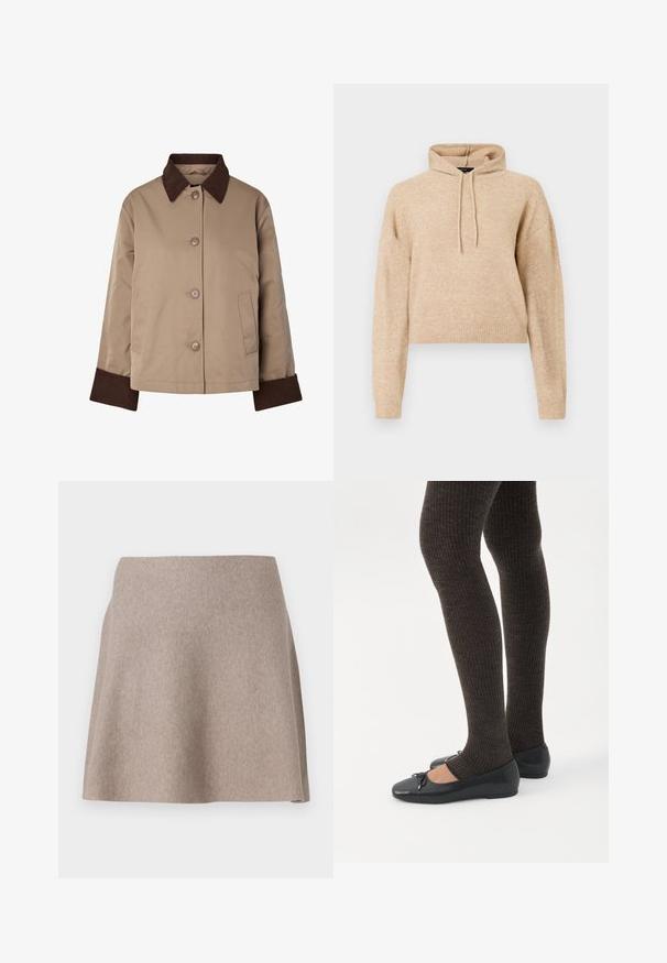 Beige jakke med mørkebrun krave og manchetter, knapper foran og to sidelommer, vist på hvid baggrund.; Beige cropped striktrøje med lange ærmer og snorhætte, præsenteret på en hvid baggrund.; En beige, flagrende nederdel lavet af blødt stof med en glat tekstur og en ren kant. Enkel design uden synlige mønstre eller udsmykninger.; Ben iført mørke ribbede leggings kombineret med sorte balletsko med små sløjfedetaljer på hvid baggrund.