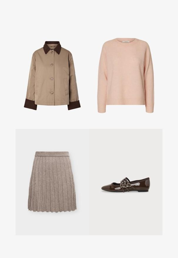 Beige jas met donkerbruine kraag en manchetten, knopen aan de voorkant en twee zijzakken, afgebeeld op een witte achtergrond.; Zacht lichtroze wollen trui met lange mouwen, ronde hals en geribbelde manchetten en zoom.; Gebreide beige geplooide rok met geribde tailleband en verticale getextureerde lijnen, weergegeven op een effen witte achtergrond.; Bruine lakleren platte schoen met puntige neus en drie verstelbare gespen aan de zijkant, gezien vanaf de buitenkant.